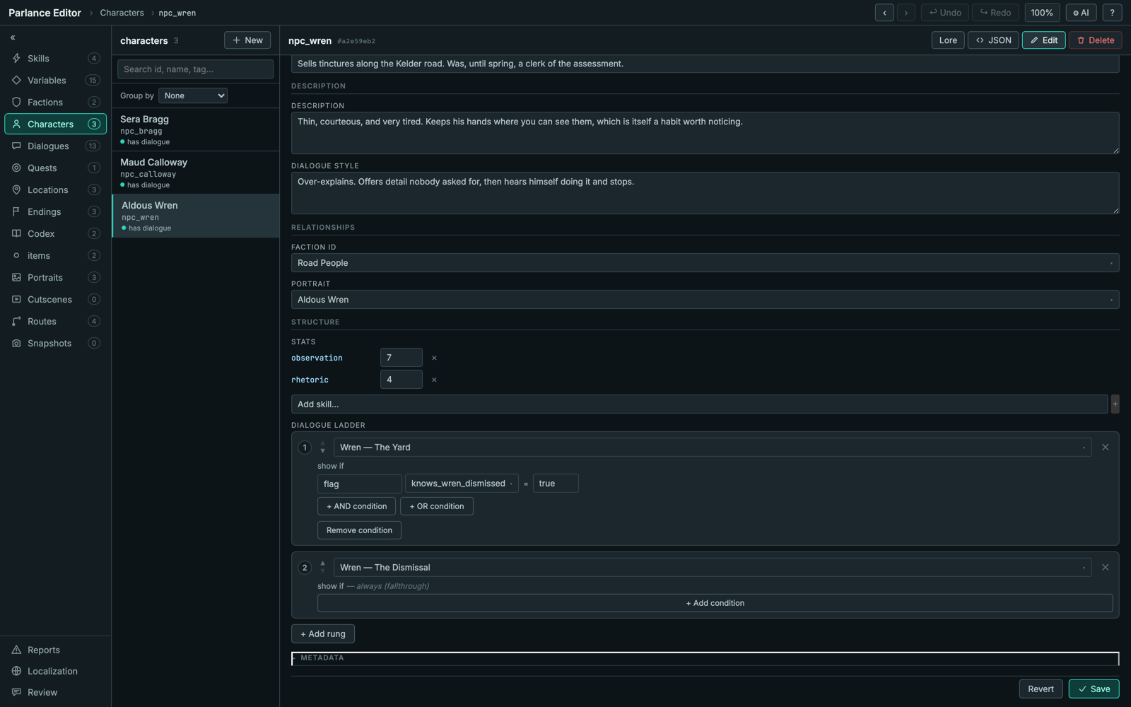 A character form in Parlance showing the Dialogue Ladder editor: rung 1 gated on a flag, rung 2 marked always (fallthrough)