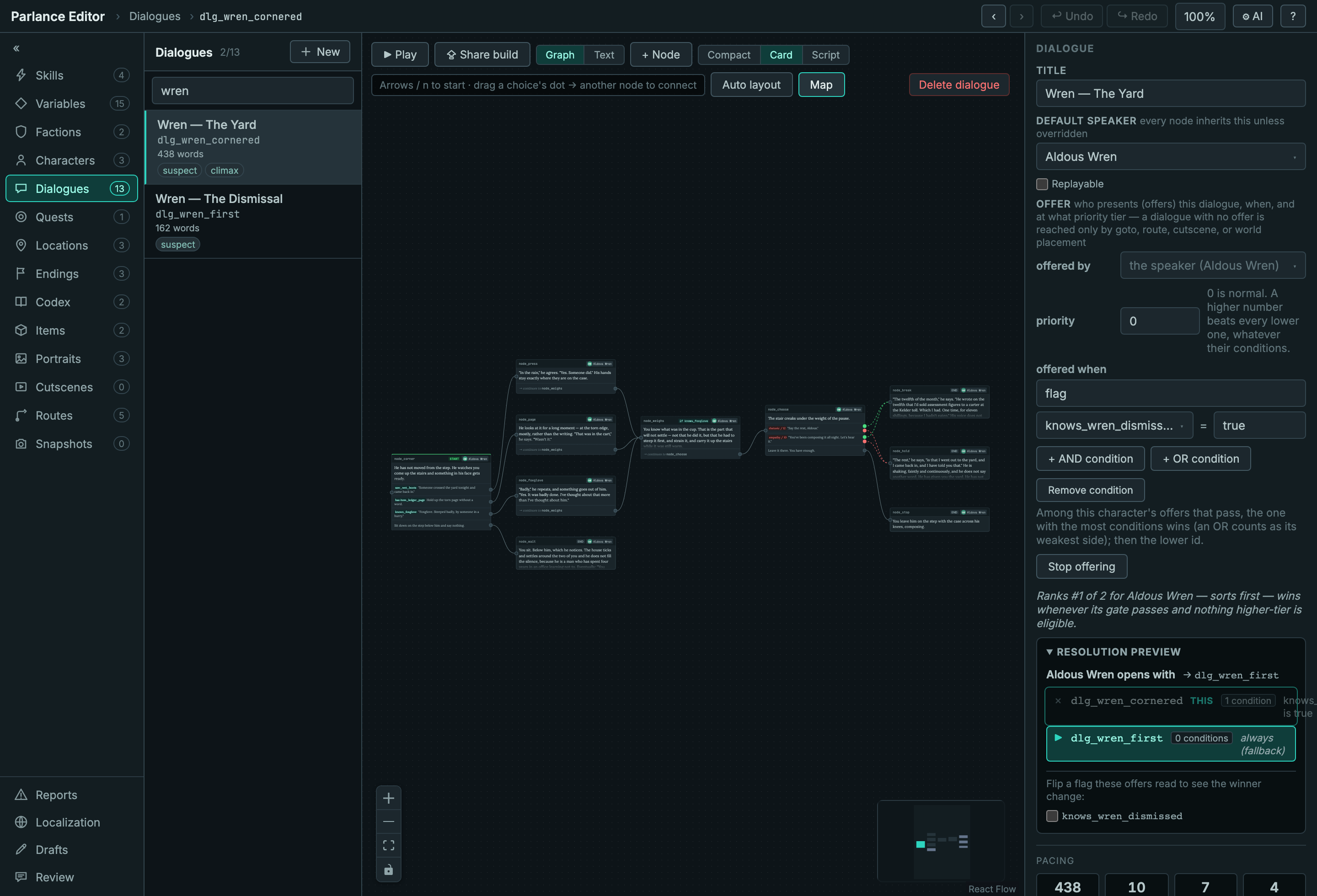 A dialogue inspector in Parlance showing the Offer fields and a live resolution preview highlighting which of a character's dialogues wins in the current state