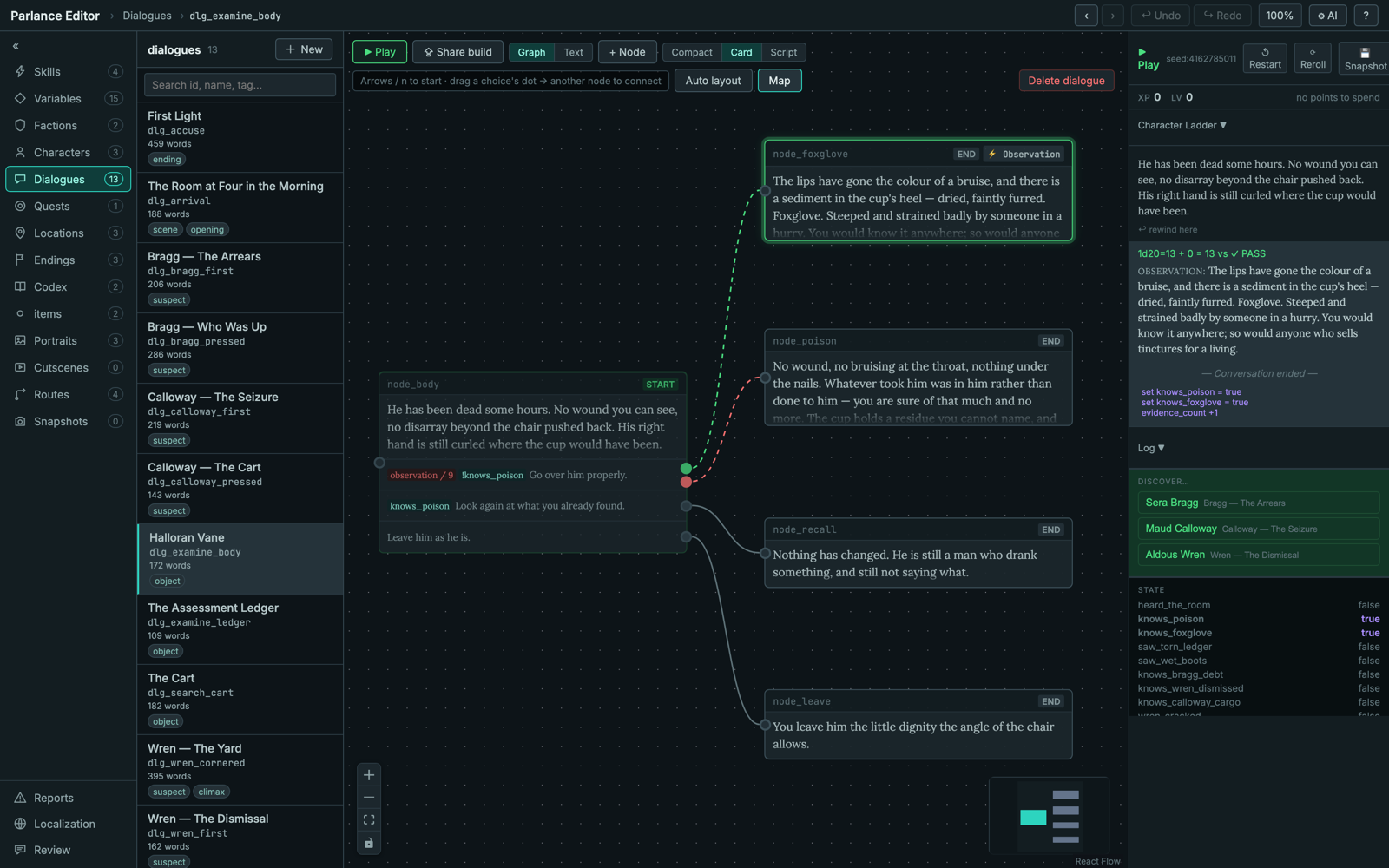 Playtest mode in Parlance: the active node glows on the canvas while the play panel shows a passed Observation check, applied effects, a discovery pool, and a live state table