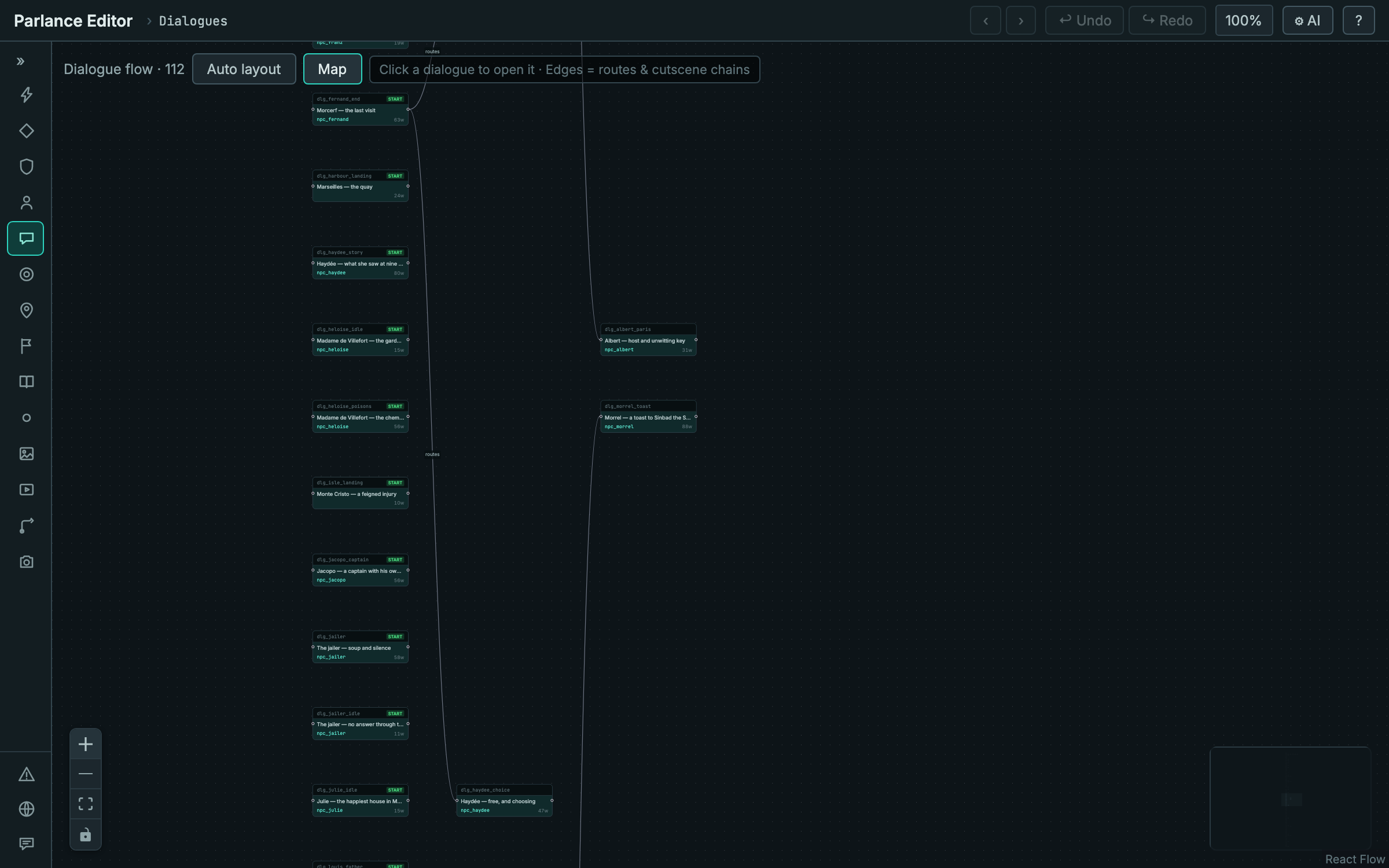 The Parlance flow map showing 112 dialogues